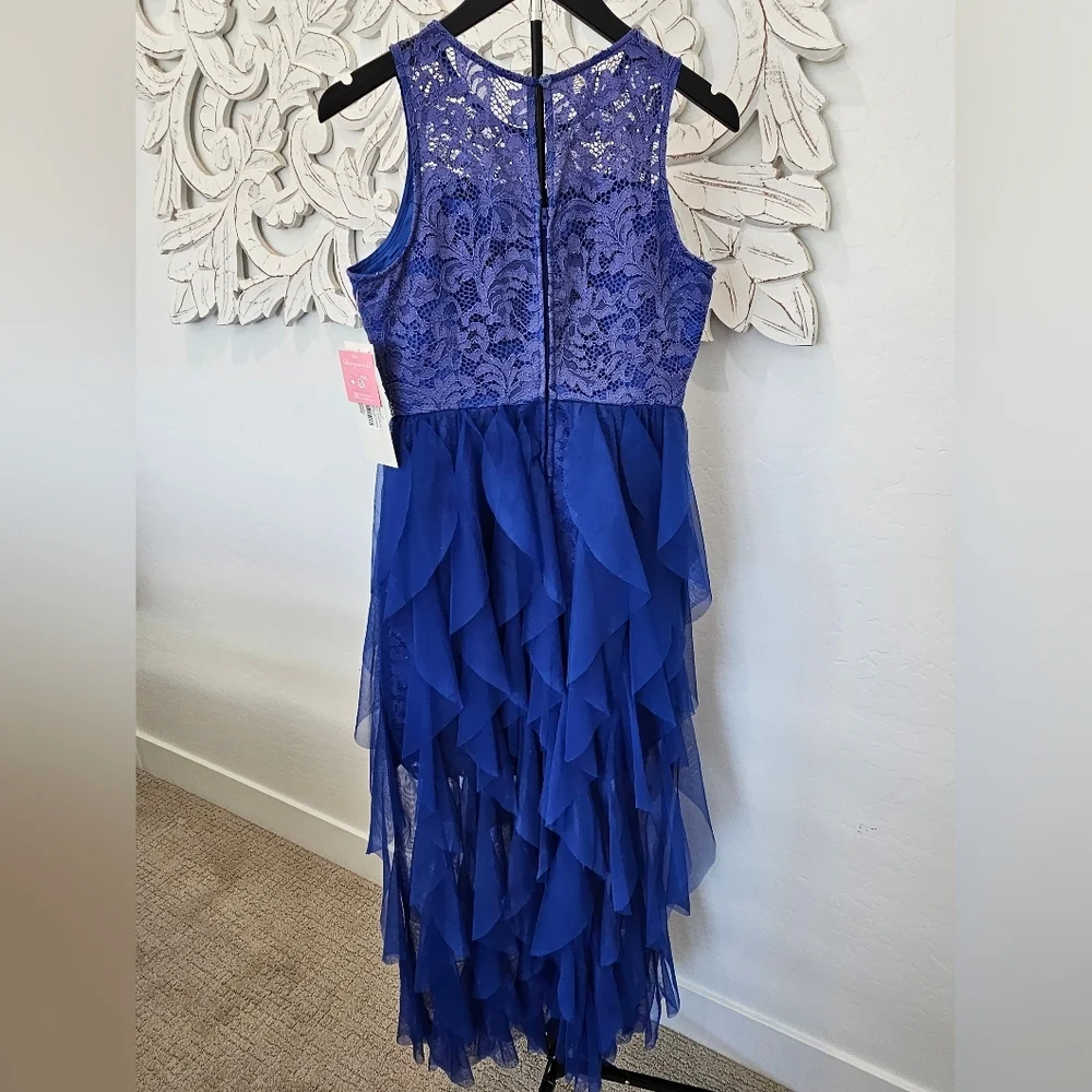 Rare Editions Blue Metallic Lace Girls Ruffle Formal Pageant Dress Girl Size 16